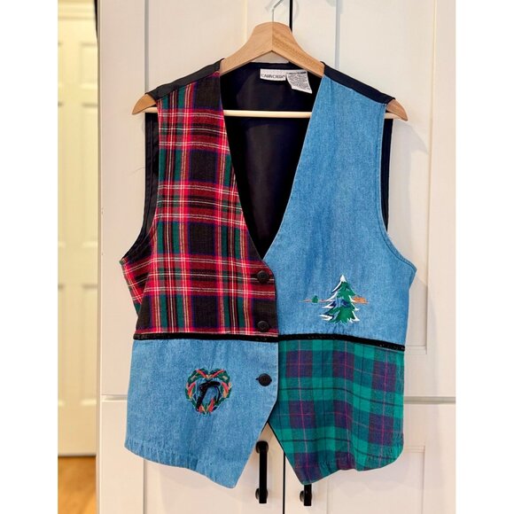 Vintage Christmas Vest Plaid Denim Embroidered Design Size Womens XL Red Green - Picture 1 of 4